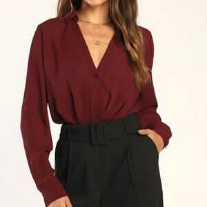 Lulus Perfectly Modern Burgundy Long Sleeve Surplice Top Red - Size S
